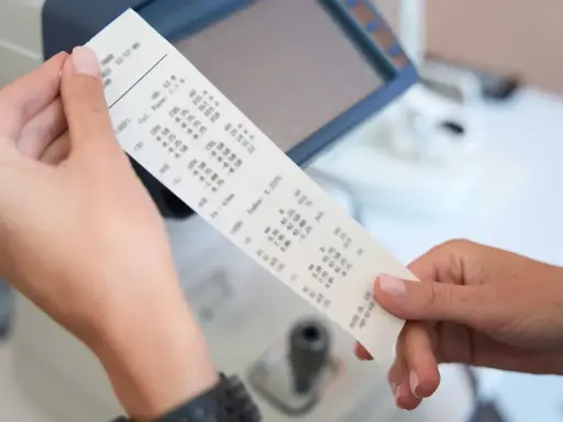 Dłonie trzymają wydruk z danymi optometrycznymi, gdzie widoczny jest numer paragonu.