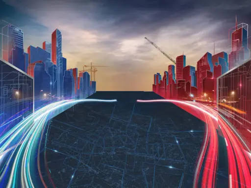 Futurystyczne miasto w budowie, z neonowymi światłami i liniami ruchu, jakby to była gra w budowę miasta.