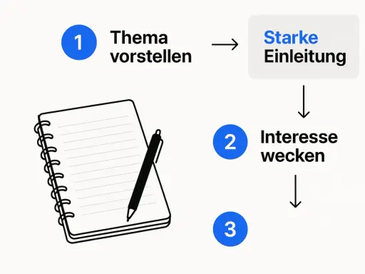 Schritt 1: Thema vorstellen für eine starke Einleitung. Ein Notizbuch mit Stift liegt bereit. Dann Interesse wecken (Schritt 2) und weiter (Schritt 3).