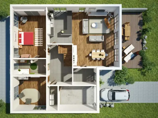 Moderne hausbau ideen: Grundriss mit Schlafzimmer, Bad, Küche, Wohnbereich, Esszimmer, Terrasse und Garage.