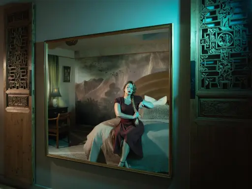 Elisa Miller sits on a bed, her reflection captured in a large mirror. The room features ornate wooden panels and a dramatic mountain mural.