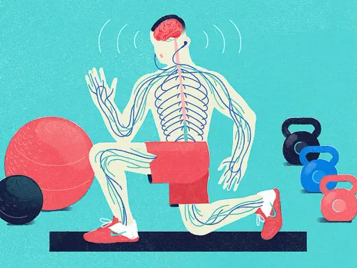 En person utför en utfall med synligt nervsystem, som en kroppsscanning. Träningsredskap som kettlebells och bollar finns i närheten.