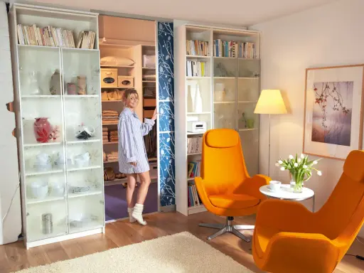 Frau steht vor einem begehbaren Kleiderschrank, den sie selber machen könnte. Links ein Regal mit Geschirr, rechts ein Regal mit Büchern.