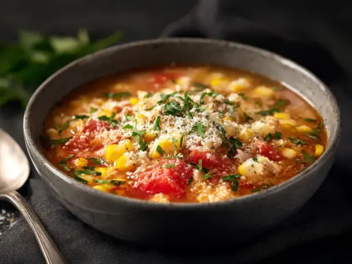 Herzhaftes Pizzasuppe Rezept: Tomaten, Mais und Kräuter in einer Schüssel, garniert mit Parmesan. Dazu eine Löffel.