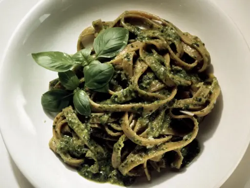 Herzhafte Bandnudeln mit cremiger Pistazien-Pesto-Sauce und frischem Basilikum garniert.