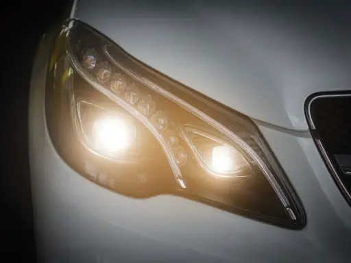 El **alumbrado de cruce** de un coche moderno ilumina la noche con sus potentes luces LED, listo para cualquier viaje.