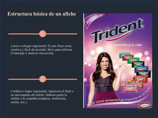 Cartel publicitario de Trident con eslogan "Sonríele a la vida" y una mujer masticando chicle.