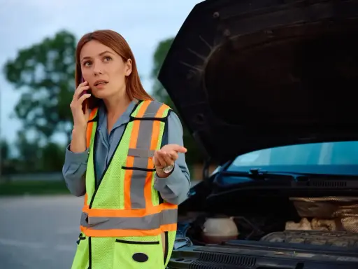 Kobieta w kamizelce odblaskowej rozmawia przez telefon przy otwartej masce samochodu. Jej rozbiegany diesel odmówił posłuszeństwa.