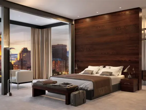 Moderna camera da letto con parete dietro letto idee in legno scuro, vista panoramica sulla città al tramonto.