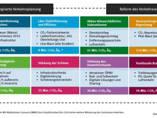 Grafik mit verschiedenen Maßnahmen zur Emissionsminderung im Verkehr, unterteilt in Kategorien.