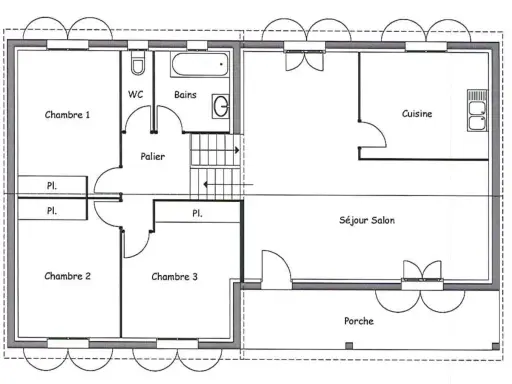 Plan maison 55 m2 : 3 chambres, séjour, cuisine, salle de bain, WC et porche. Idéal pour une famille.