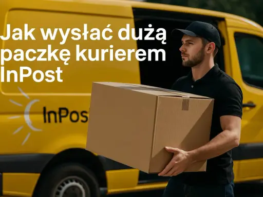 Kurier InPost z dużą paczką obok żółtego busa. Dowiedz się, jak wysłać dużą paczkę kurierem.