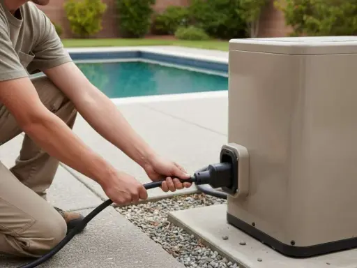 Un homme branche un câble à une pompe de piscine, prêt à assurer la filtration.