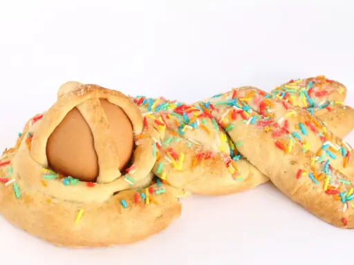 Dolci calabresi pasquali: un uovo incastonato in una treccia di pane dolce, decorata con zuccherini colorati.
