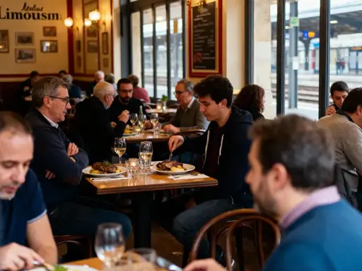 Des clients dînent dans une brasserie de gare, avec des assiettes de viande et des verres de vin sur la table.