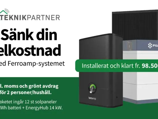 Sänk elkostnaden med Ferroamp-systemet. Solpaneler, batteri och EnergyHub för nordpolen energi. Installerat och klart fr. 98.500:-.