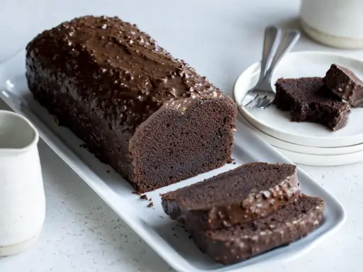 Un généreux gâteau au chocolat haut, nappé d'un glaçage croquant et parsemé de noisettes. Deux tranches sont déjà coupées, prêtes à être dégustées.