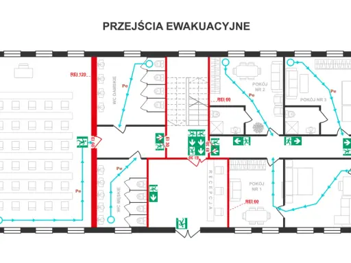 Plan ewakuacyjny z zaznaczonymi drogami ucieczki. Widać tu sale, toalety, recepcję i pokoje.