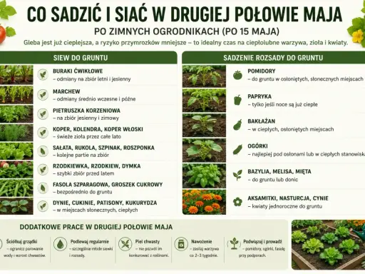 Po zimnych ogrodnikach (po 15 maja) siej buraki, marchew, zioła, sałatę, fasolę, dynie. Sadź pomidory, paprykę, bakłażany, ogórki, bazylię.