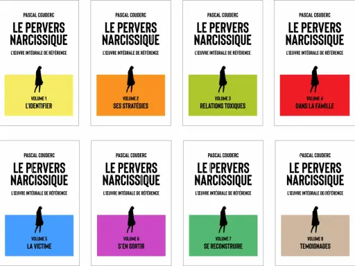 Les 8 volumes de "Le Pervers Narcissique" de Pascal Couderc, abordant l'identification, les stratégies, les relations toxiques, la famille, la victime, la sortie, la reconstruction et les témoignages.