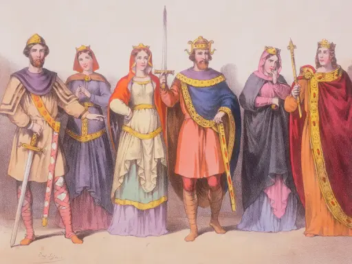 Sechs Figuren in historischen Gewändern, darunter Männer und Frauen mit Kronen und Schwertern. Ein Herzog und ein Graf könnten hier den Unterschied in ihrer Kleidung zeigen.