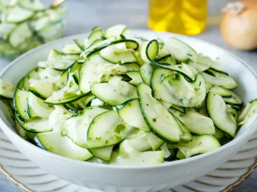 Frischer Salat aus dünn geschnittenen Zucchinischeiben, mariniert mit Kräutern und Öl. Perfekt, um Zucchini roh zu essen.