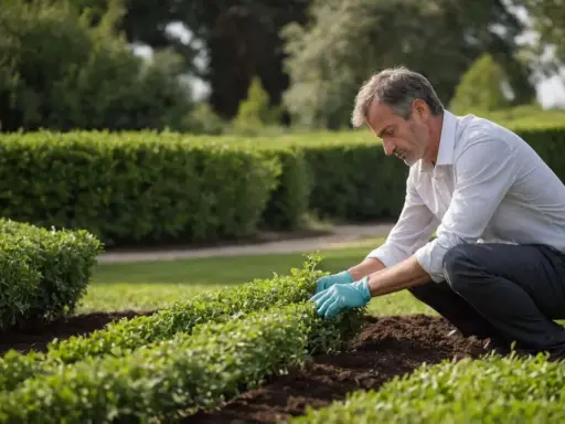 Un homme en chemise blanche et gants bleus s'occupe de l'entretien de son jardin, taillant des buissons.