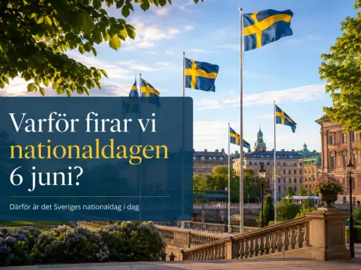Svenska flaggor vajar stolt i vinden framför vackra byggnader. Det är Sveriges nationaldag, en dag att fira!