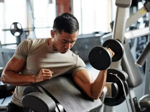 Mann trainiert Bizeps mit Kurzhantel. Fokus auf Muskelaufbau und Hypertrophie im Fitnessstudio.