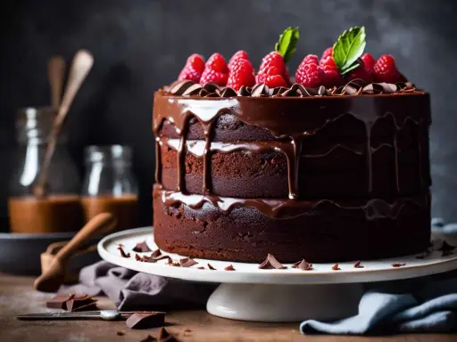 Un délicieux layer cake chocolat, nappé de glaçage brillant et garni de framboises fraîches. Un rêve gourmand !