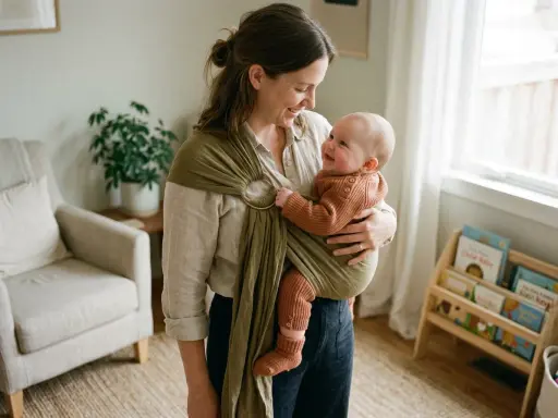 A smiling mother holds her baby in a green ring sling.