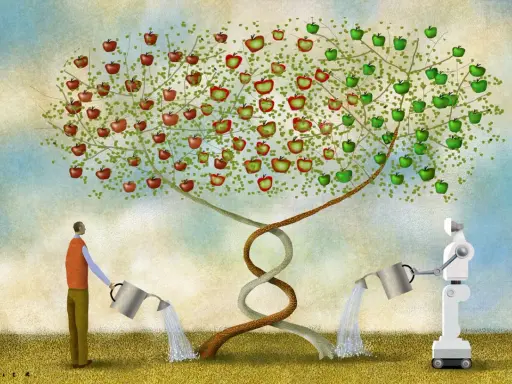 Mensch und Roboter gießen einen DNA-Baum mit Äpfeln. Symbolisiert die **evolution mensch zukunft** durch Technologie und Genetik.