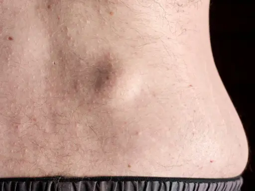 Gros plan sur la peau du ventre, parsemée de petits boutons blancs et de quelques rougeurs. Un petit bouton sur le ventre qui ne gratte pas est visible au centre.