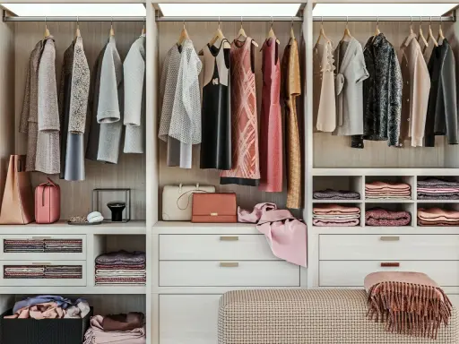 Ordentliche Kleiderstange mit Kleidern, Taschen und gefalteten Textilien. Eine Inspiration für dein eigenes Kleiderschrank basteln vorlage.