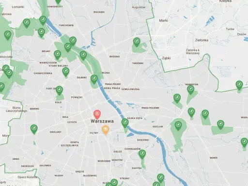 Mapa zielonych terenów w mieście nad Wisłą, z zaznaczonymi parkami i obszarami rekreacyjnymi w Warszawie i okolicach.