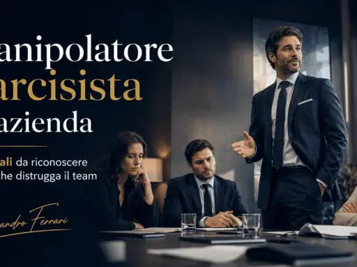 Uomo d'affari carismatico parla a un team, ma il suo sguardo suggerisce un partner narcisista che manipola. 7 segnali per riconoscerlo.