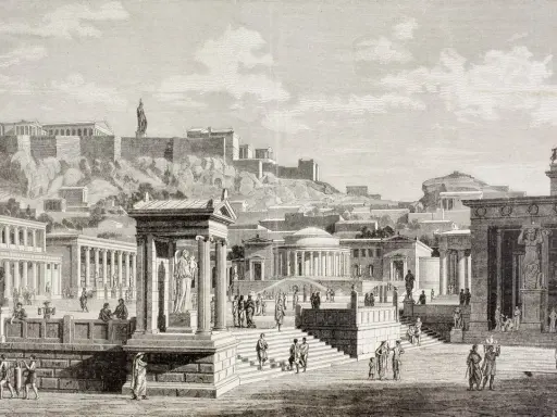 Lebhafter marktplatz im alten griechenland mit Akropolis im Hintergrund. Menschen handeln, diskutieren und spazieren zwischen Säulen und Tempeln.