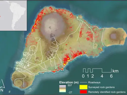 Mapa pokazuje, gdzie są Wyspy Wielkanocne, z zaznaczonymi ogrodami skalnymi (żółte i czerwone punkty) i drogami.