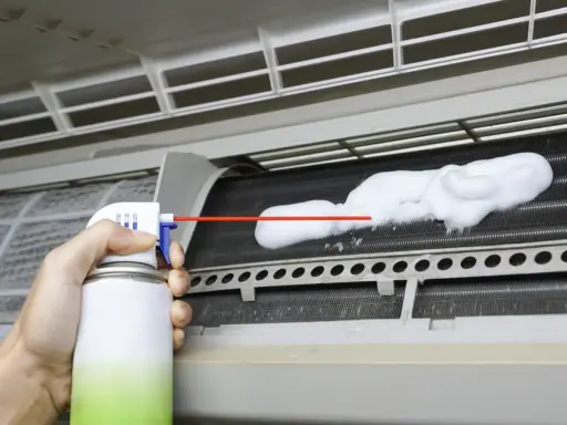 Mano rociando espuma para limpiar aire acondicionado unidad interior.