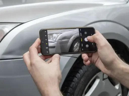 Ręce trzymają smartfon, fotografując reflektor i błotnik srebrnego auta. Sprawdzam lakierowanie elementu samochodu cennik.