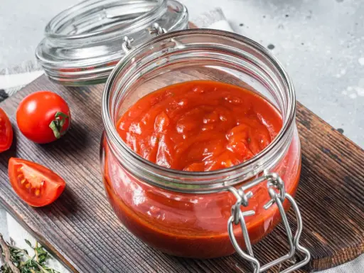 Domowy passata pomidorowa przepis. Słoik pełen gęstego sosu pomidorowego, obok świeże pomidory na desce.