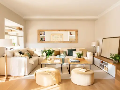 Salones con espejos encima del sofá, creando un ambiente luminoso y espacioso.