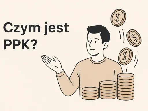 Mężczyzna z monetami w tle i napisem "Czym jest PPK?". Ilustracja wyjaśnia, co to jest PPK.