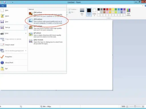 Jak zrobić screena na laptopie? W Paint wybierz "Plik", "Zapisz jako", a następnie "Obraz JPEG".