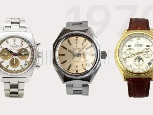 Tre orologi Zenith storici: un cronografo El Primero, un Defy e un modello in oro con fasi lunari.