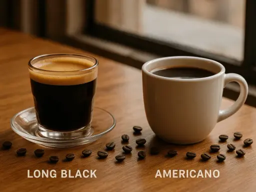 Long Black vs Americano: zwei Kaffeegetränke auf einem Holztisch, umgeben von Kaffeebohnen.