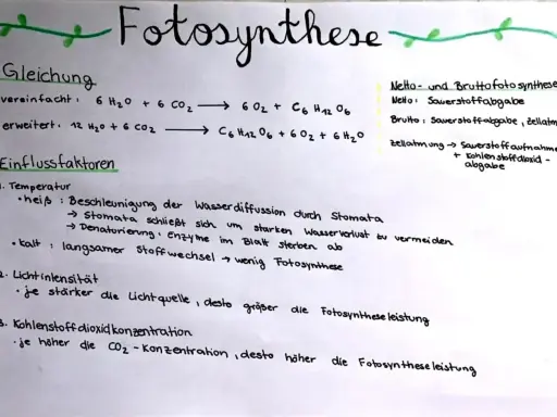 Die Fotosynthese-Gleichung wird erklärt, mit Einflussfaktoren wie Temperatur, Lichtintensität und CO2-Konzentration.