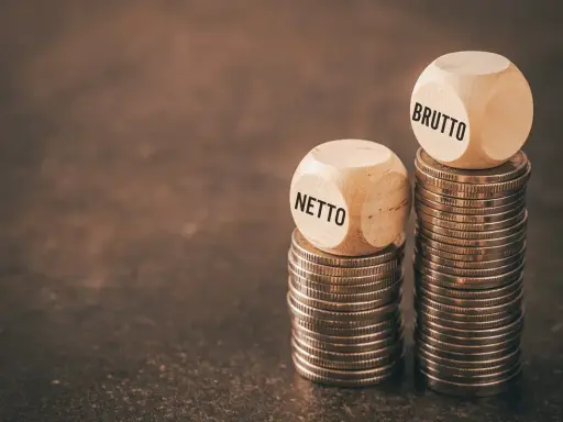 Dwie stosy monet, na jednej kostka z napisem "NETTO", na drugiej z napisem "BRUTTO".
