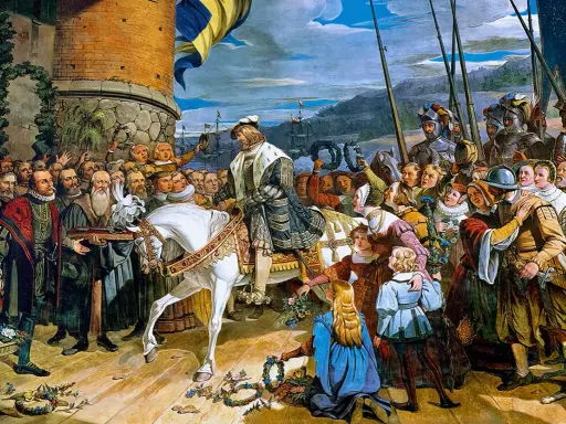 En kung på vit häst mottar hyllningar. Scenen påminner om en vasatiden film med folk i historiska dräkter.