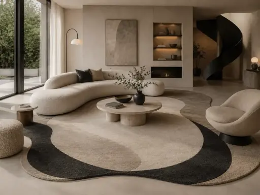 En stor, böljande matta under en elegant soffa skapar en inbjudande sittgrupp.